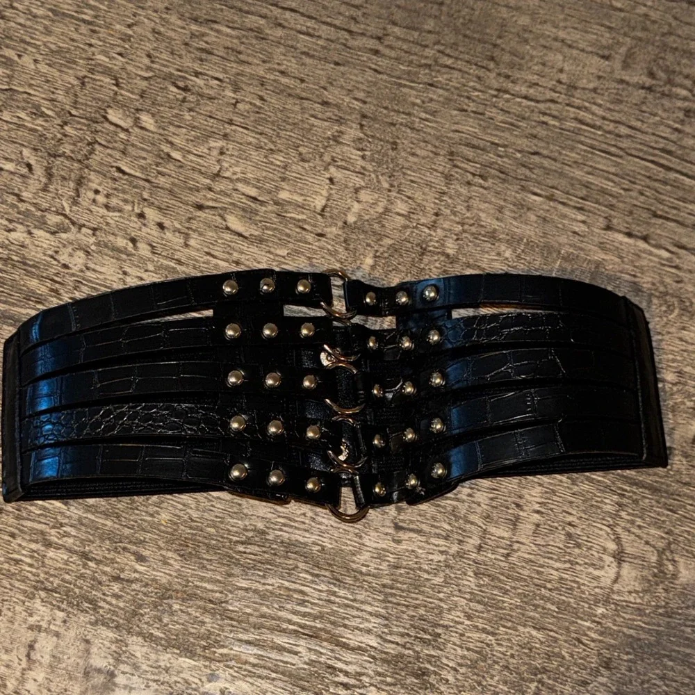Y2K Goth Wide Elastic Waist Belt Studded O Ring Faux Croc Moto Corset